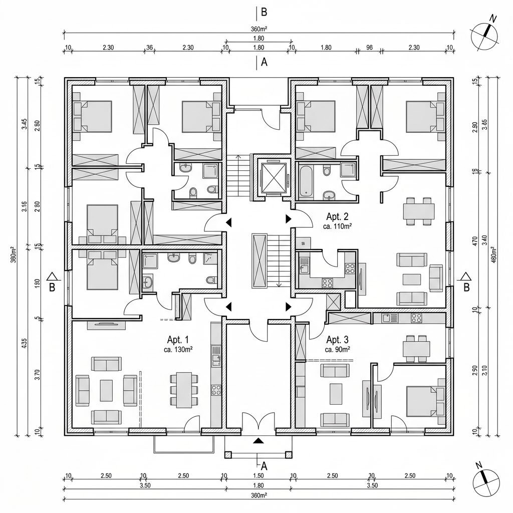 Grundriss 4 Wohneinheiten Pultdach – 360 m² Mehrfamilienhaus mit 14 Zimmern