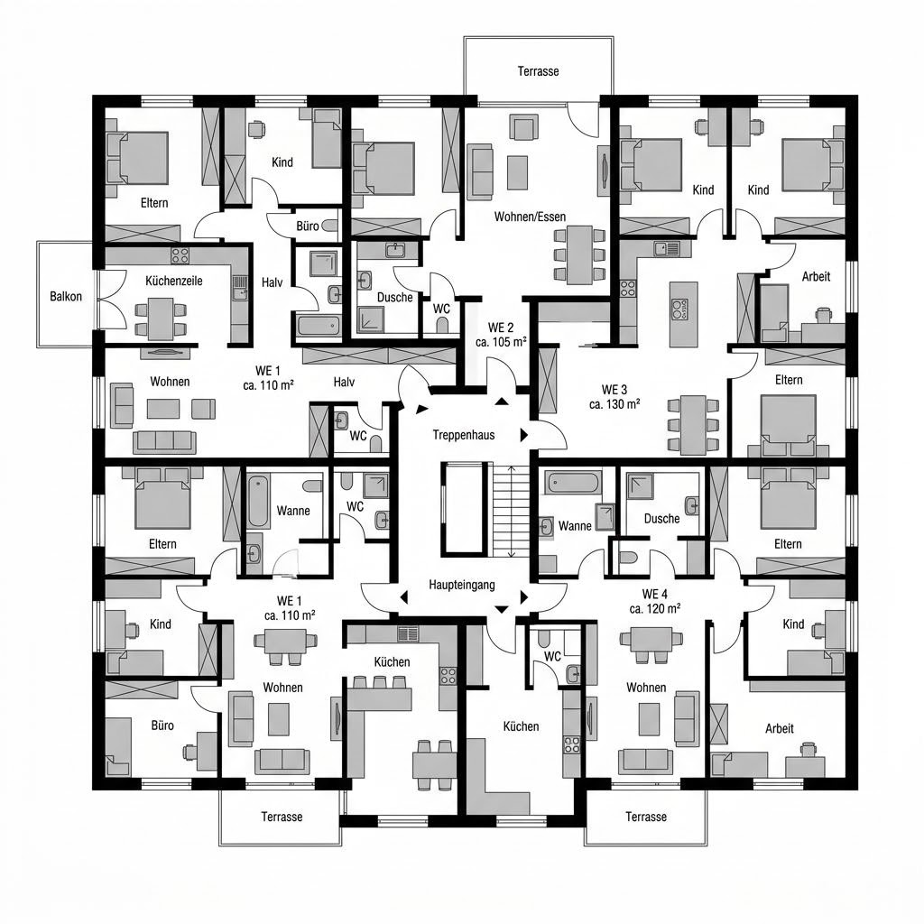 Grundriss 6 Wohneinheiten Flachdach – 520 m² Mehrfamilienhaus mit 20 Zimmern