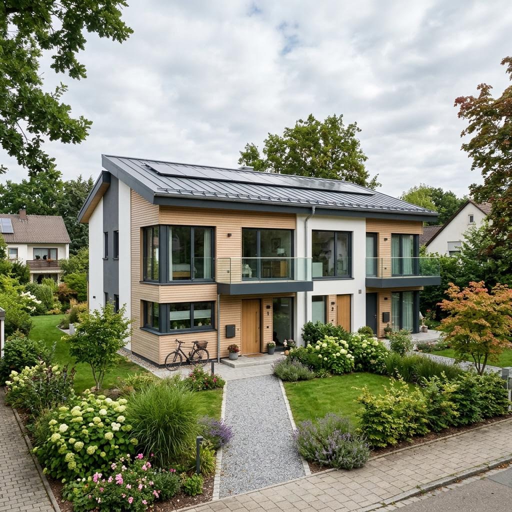 Mehrfamilienhaus Kompakt mit drei Wohneinheiten von Haas Fertigbau mit Pultdach — Holzfertighaus mit 255 m²