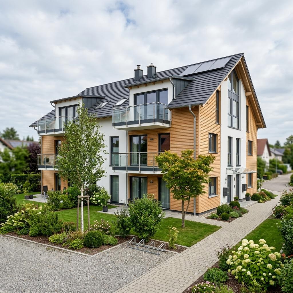 Mehrfamilienhaus Quartett mit vier Wohneinheiten von Haas Fertigbau mit Satteldach — Holzfertighaus mit 340 m²