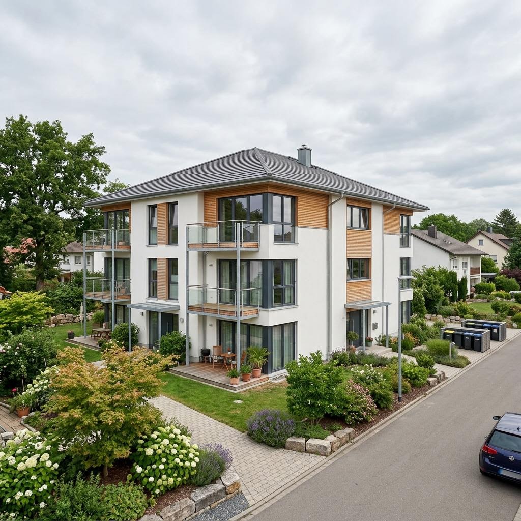Mehrfamilienhaus Quintett mit fünf Wohneinheiten von Haas Fertigbau mit Walmdach — Holzfertighaus mit 420 m²