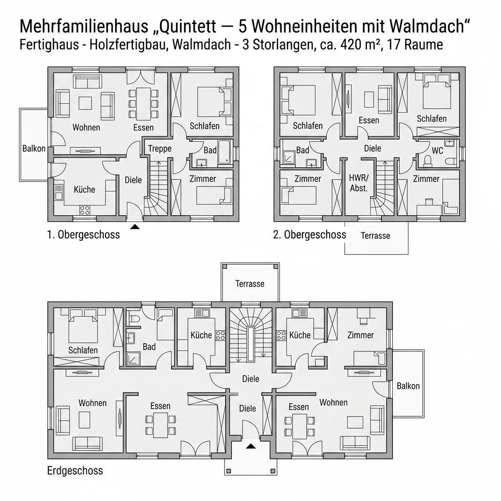 Grundriss Quintett — 5 Wohneinheiten mit Walmdach von Haas Fertigbau - Mehrfamilienhäuser — 420 m², 17 Zimmer