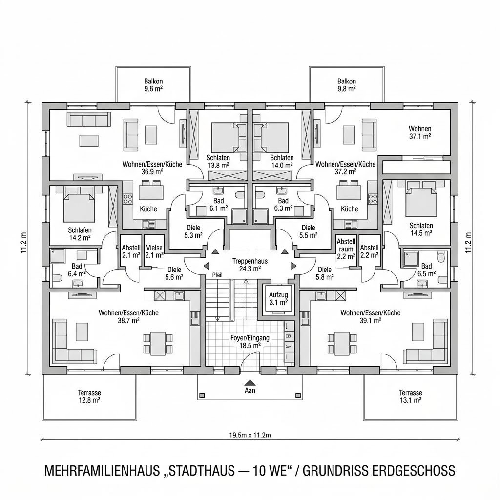 Grundriss Stadthaus — 10 Wohneinheiten mit Flachdach von Haas Fertigbau - Mehrfamilienhäuser — 760 m², 32 Zimmer