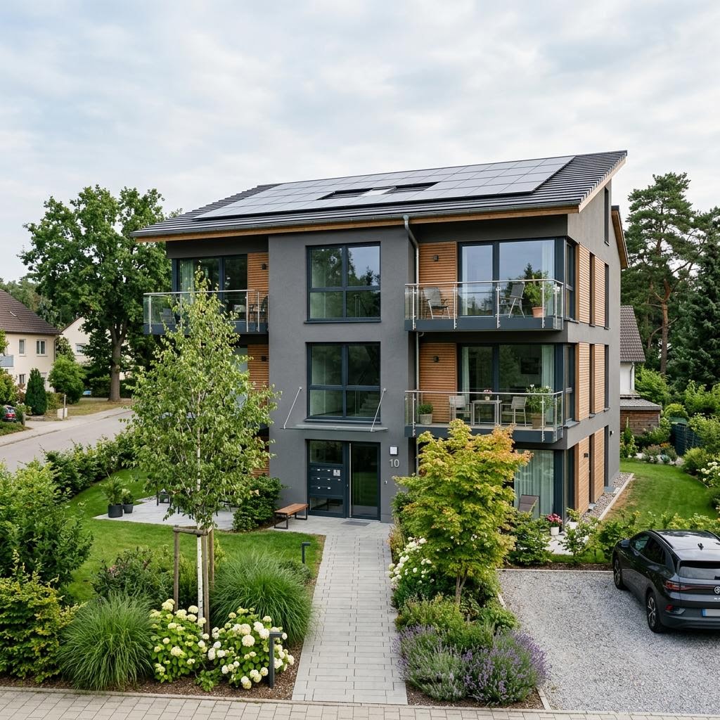 Mehrfamilienhaus Urban mit sechs Wohneinheiten von Haas Fertigbau mit Pultdach — Holzfertighaus mit 480 m²