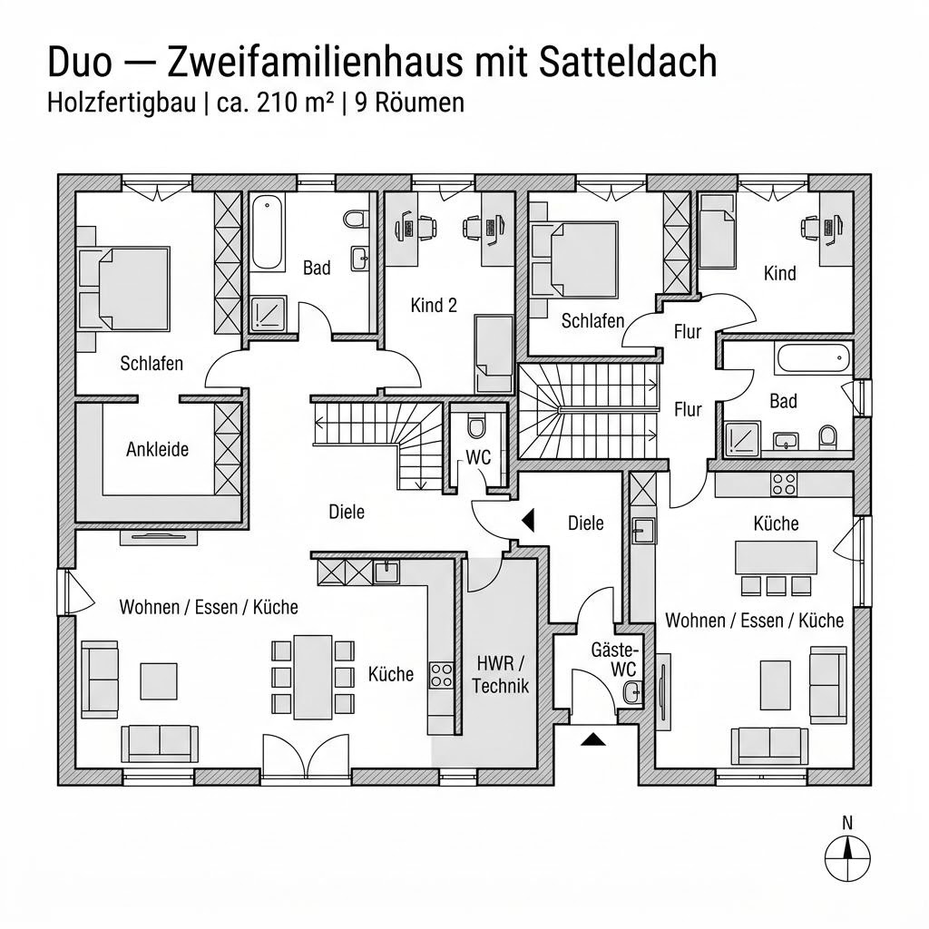 Grundriss Duo — Zweifamilienhaus mit Satteldach von Haas Fertigbau - Mehrfamilienhäuser — 210 m², 9 Zimmer