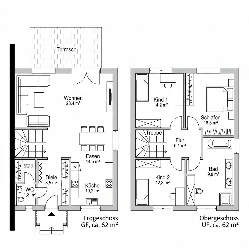 Grundriss Doppelhaus Linero 124 von Haas Fertigbau — 124 m², 4 Zimmer