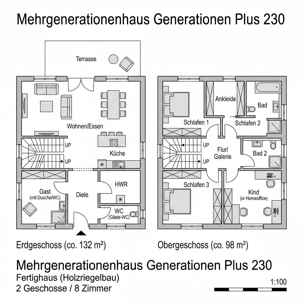 Grundriss Mehrgenerationenhaus Generationen Plus 230 – 230 m² Mehrgenerationenhaus mit 8 Zimmern