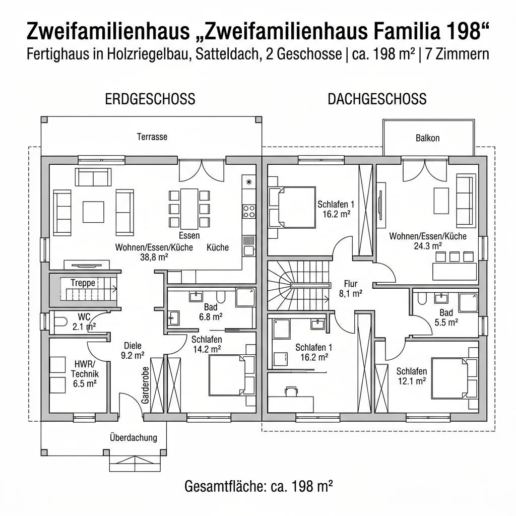 Grundriss Zweifamilienhaus Familia 198 – 198 m² Zweifamilienhaus mit 7 Zimmern