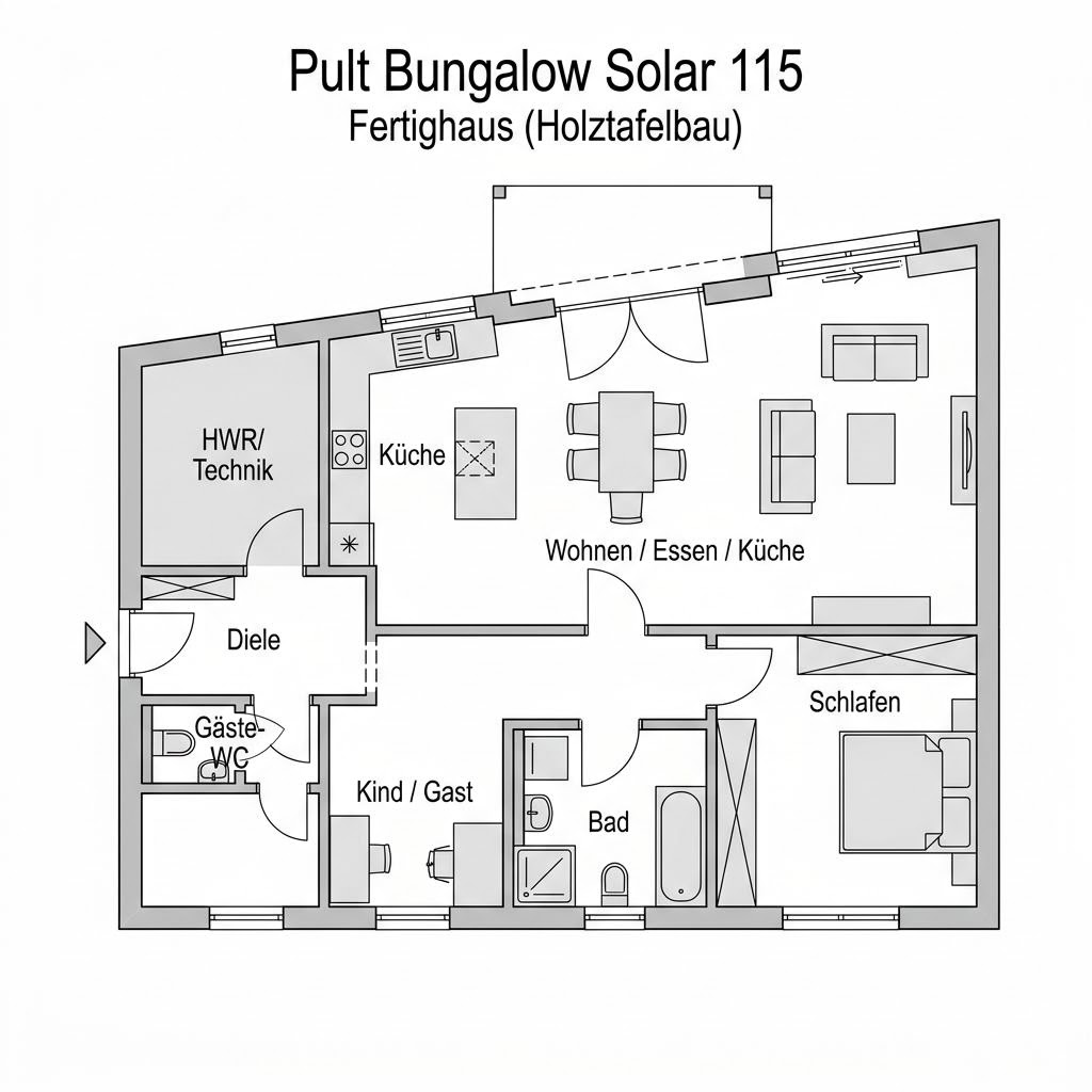 Grundriss Pult Bungalow Solar 115 von Hanse Haus — 115 m², 3 Zimmer