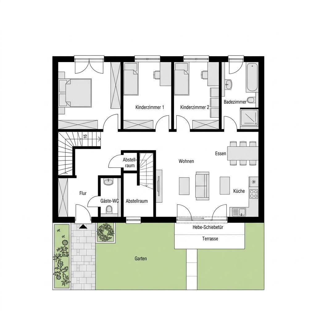 Grundriss Reihenmittelhaus Variant R114 – 114 m² Reihenhaus mit 4 Zimmern
