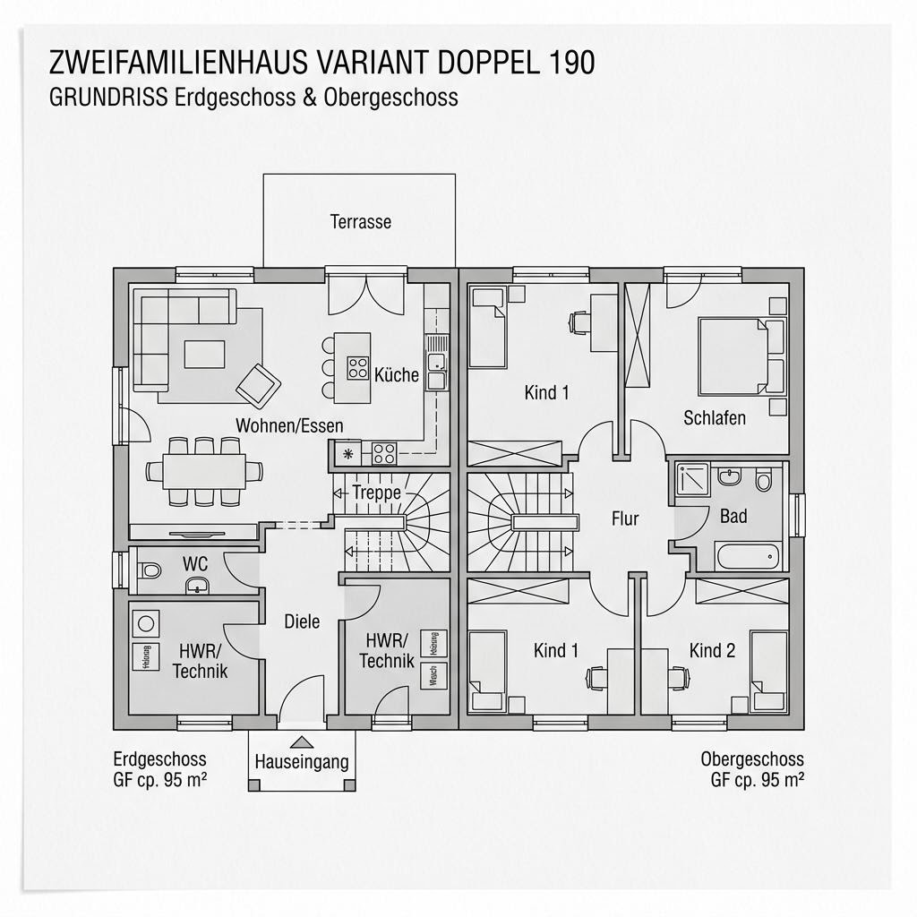 Grundriss Zweifamilienhaus Variant Doppel 190 – 190 m² Zweifamilienhaus mit 7 Zimmern