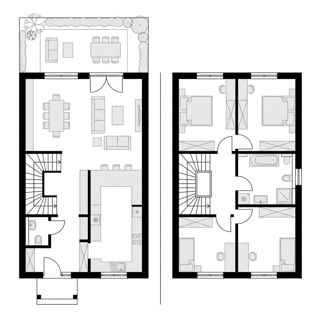 Grundriss Reihenmittelhaus Quera R128 – 128 m² Reihenhaus mit 4 Zimmern