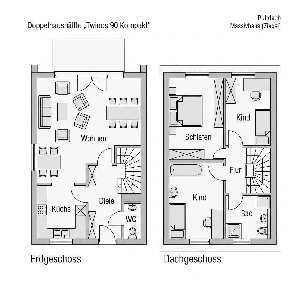 Grundriss Twinos 90 Kompakt von Heinz von Heiden Massivhäuser — 90 m², 3 Zimmer