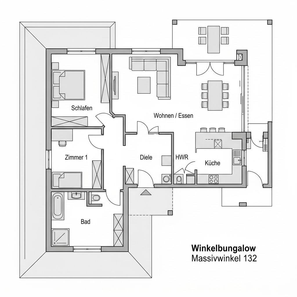 Grundriss Winkelbungalow Massivwinkel 132 – 132 m² Winkelbungalow mit 4 Zimmern