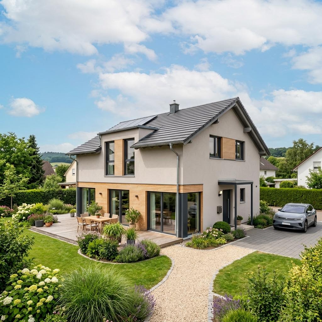 Holzhaus eco-Haus 142 von Beilharz Haus — ökologisches Familienhaus mit Satteldach