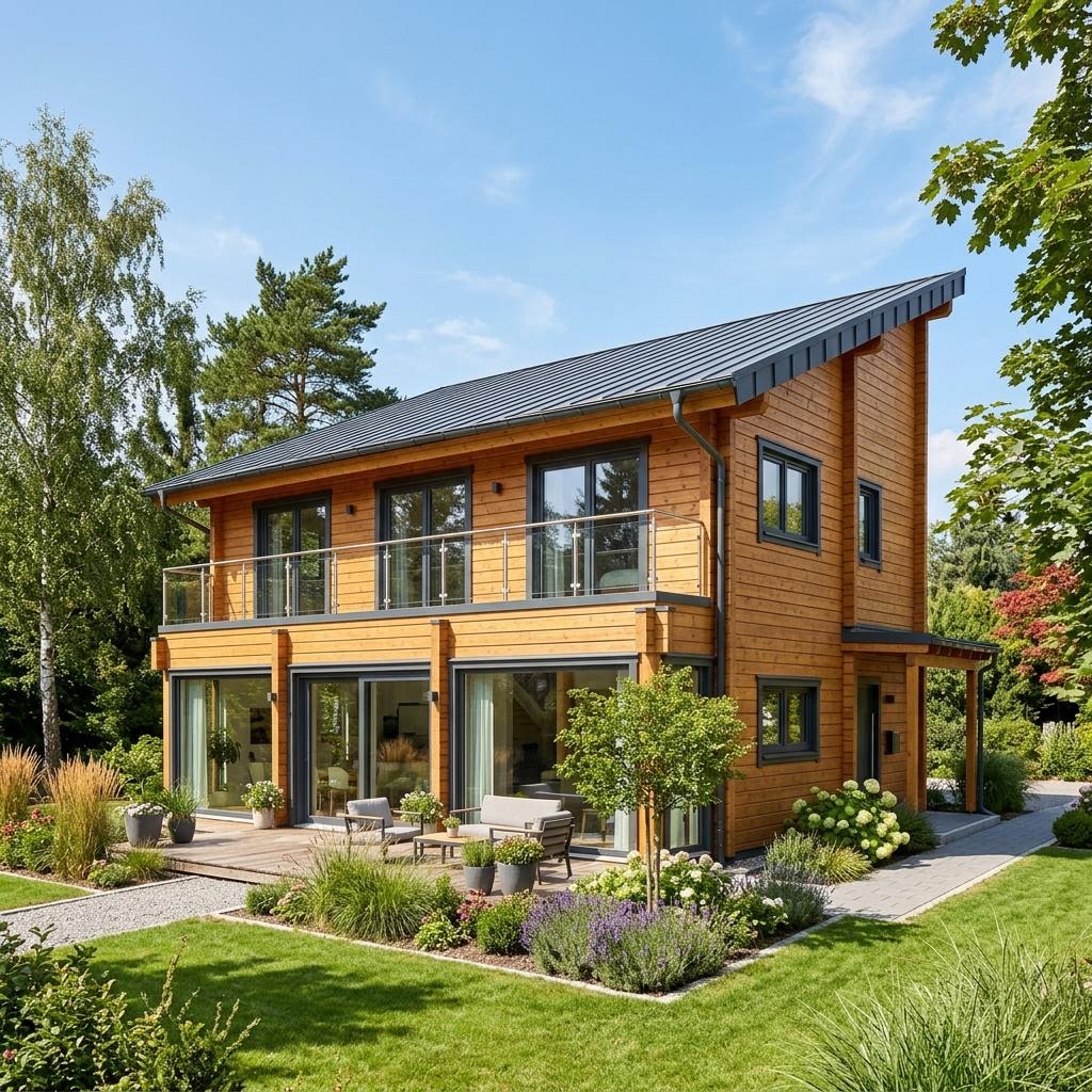 Blockhaus Cubus 130 von LéonWood mit Pultdach — modernes Massivholzhaus mit 127 m²