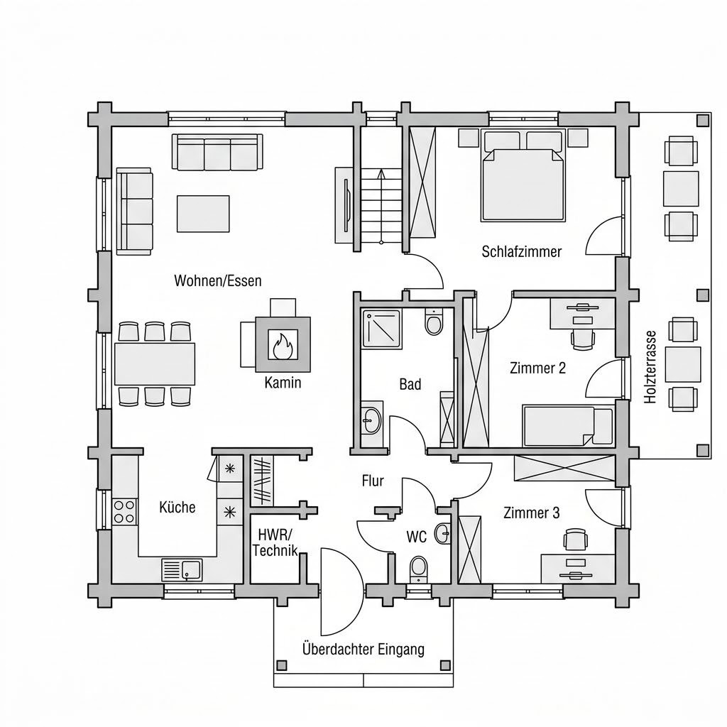Grundriss Blockhaus Cubus 130 – 127 m² Blockhaus mit 4 Zimmern