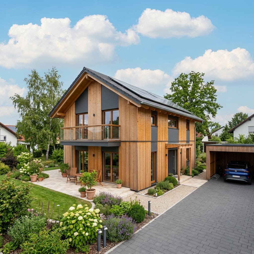 Holzhaus Vollholzhaus Alm 158 von Petershaus — geräumiges Massivholzhaus im Alpenstil