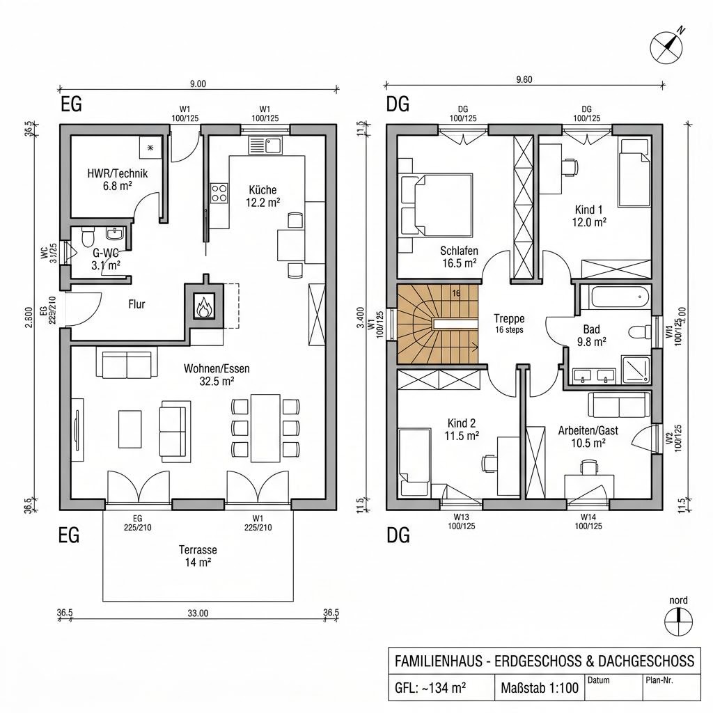 Grundriss Vollholzhaus Berg 134 von Petershaus — 134 m², 5 Zimmer
