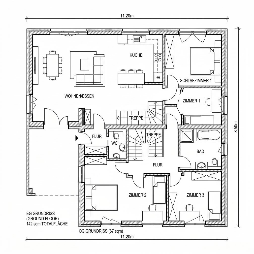 Grundriss Vollholzhaus Fichte 142 von Petershaus — 142 m², 5 Zimmer