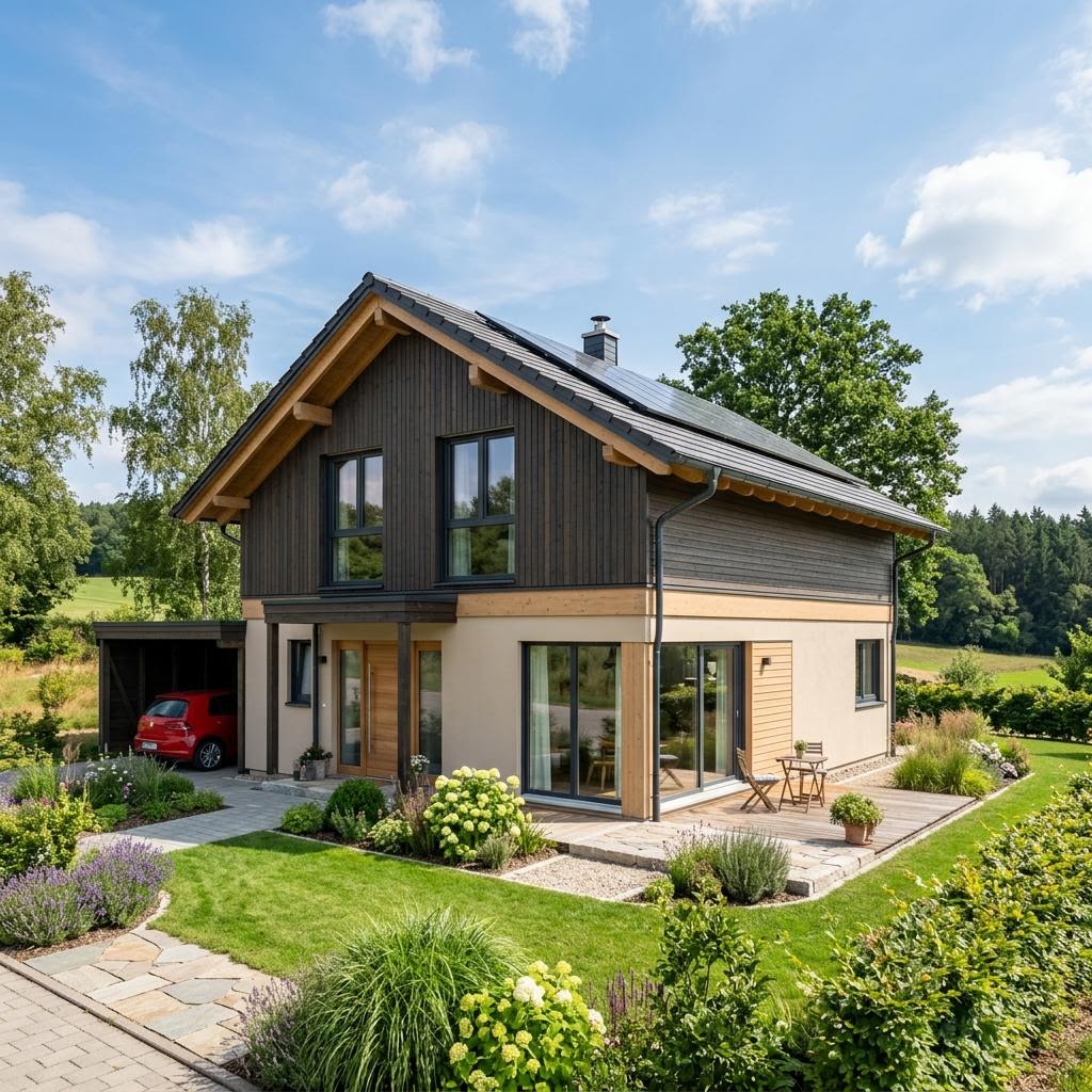 Holzhaus Vollholzhaus Tanne 118 von Petershaus — kompaktes Massivholzhaus mit Satteldach