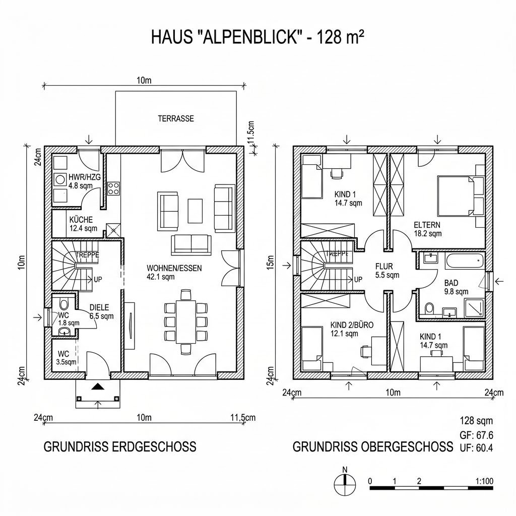 Grundriss Schwedenhaus SH 128 N von ScanHaus Marlow — 128 m², 5 Zimmer