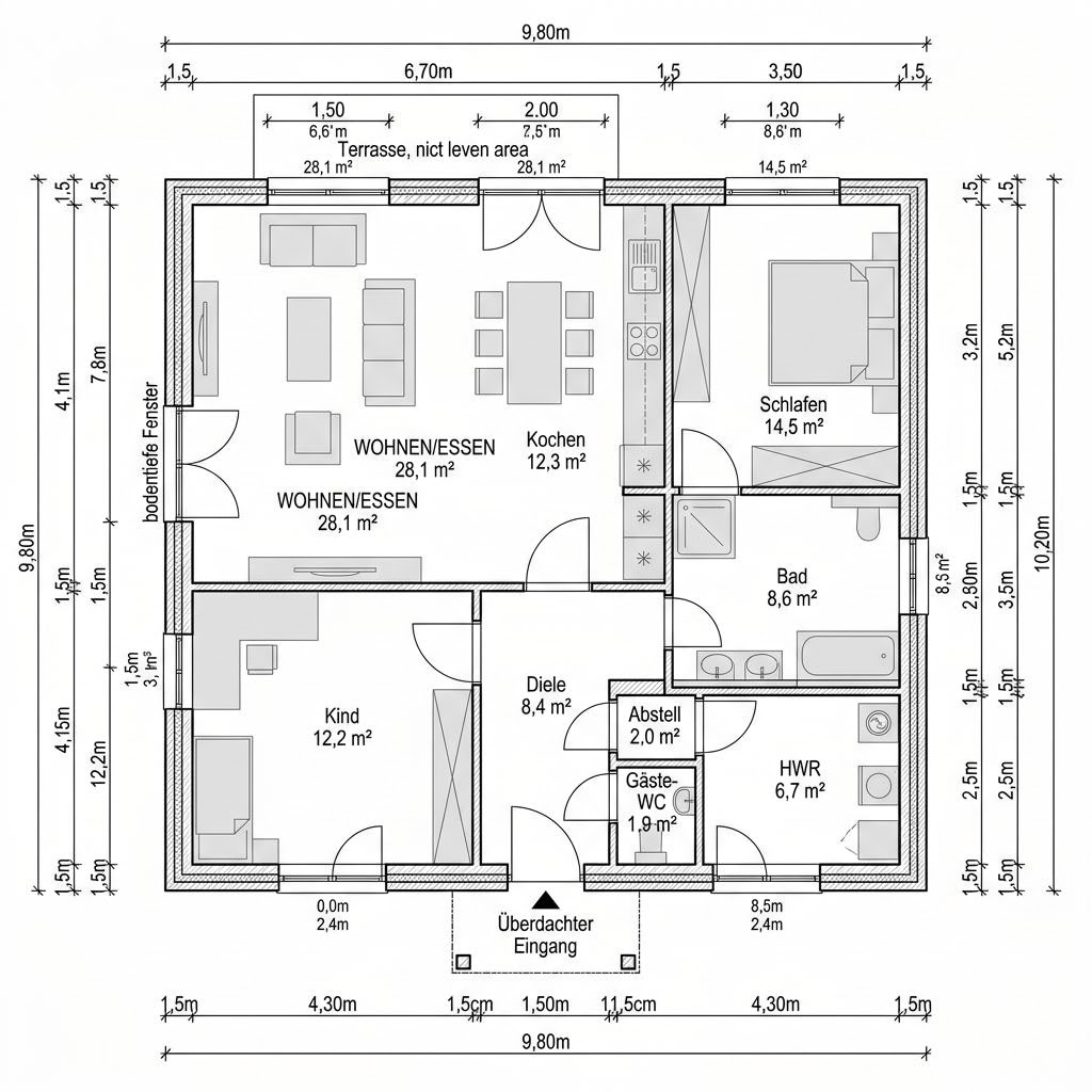 Grundriss Blockhaus Koli 98 – 98 m² Holzhaus mit 3 Zimmern