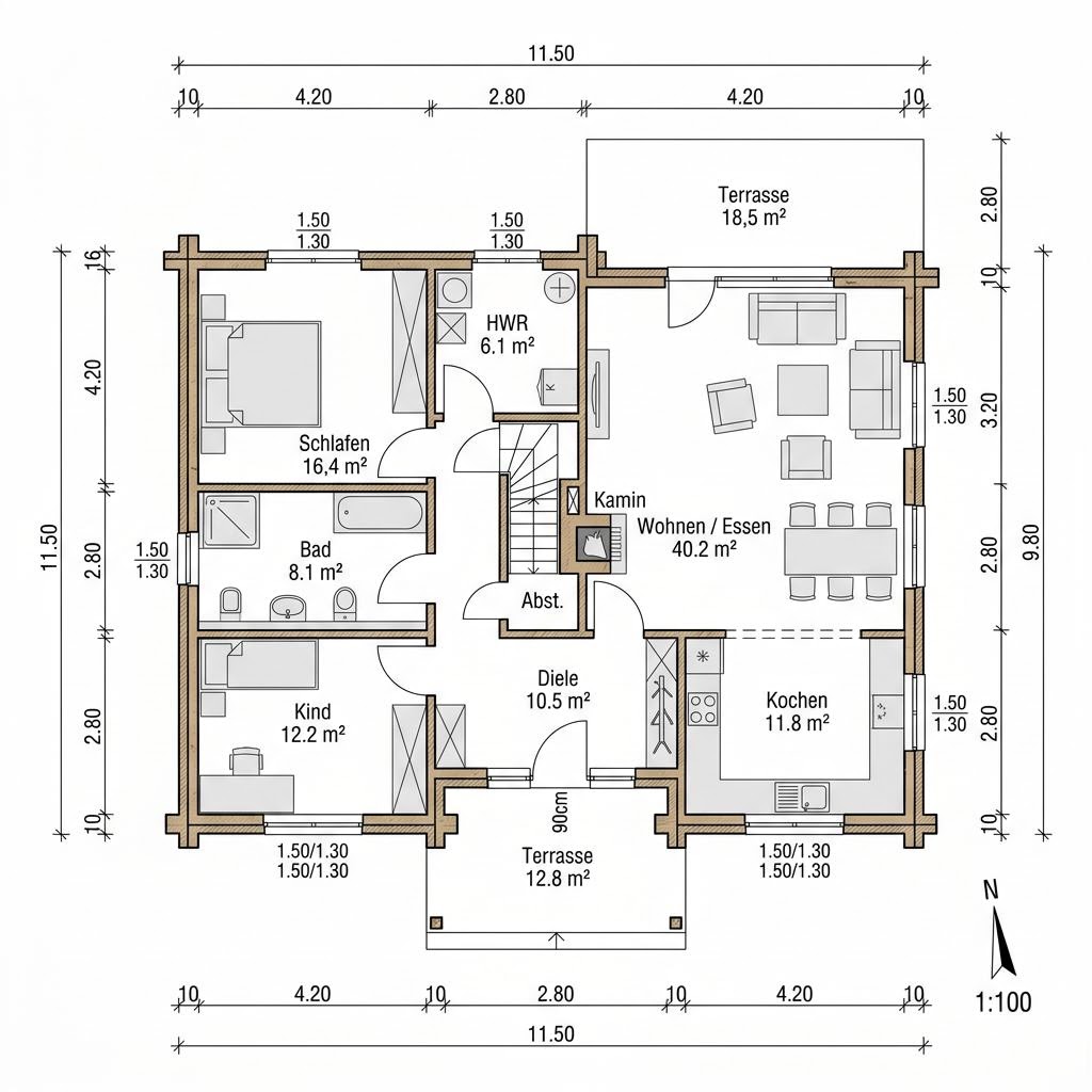 Grundriss Blockhaus Kuusamo 112 – 112 m² Blockhaus mit 4 Zimmern