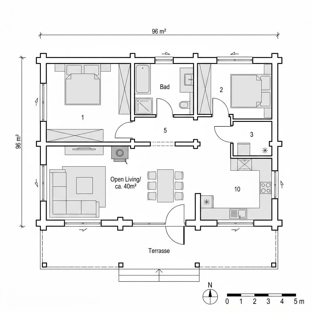 Grundriss Lumi 96 – 96 m² Blockhaus mit 3 Zimmern