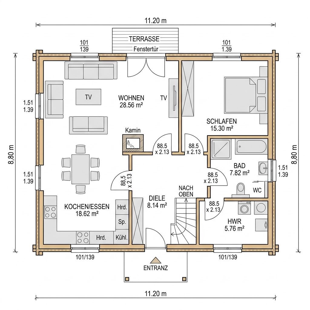 Grundriss Blockhaus Saimaa 126 – 126 m² Holzhaus mit 4 Zimmern