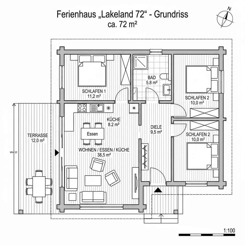 Grundriss Lakeland 72 von Honka — 72 m², 3 Zimmer