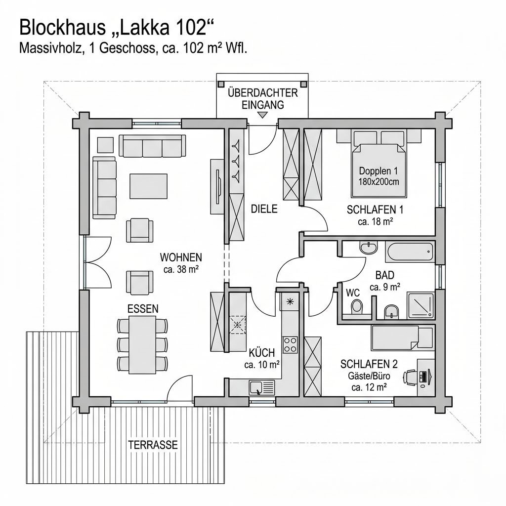 Grundriss Lakka 102 – 102 m² Blockhaus mit 4 Zimmern