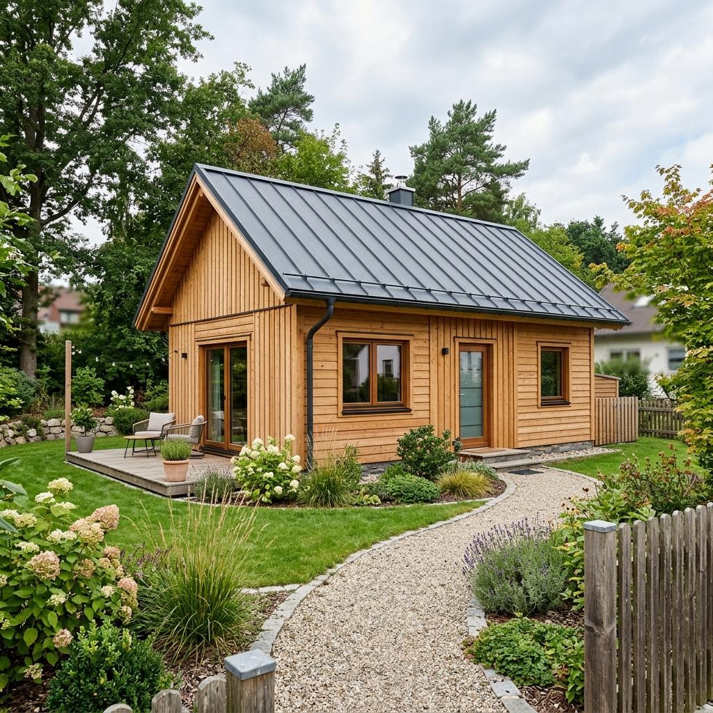 Ferienhaus Ruka 48 von Honka als kompaktes Rundbohlen-Blockhaus mit Terrasse