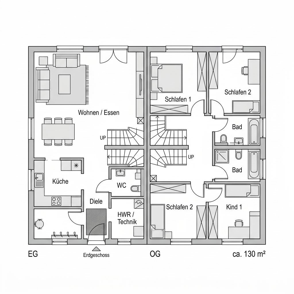 Grundriss Doppelhaus KlimaDuo 130 von KAMPA — 130 m², 4 Zimmer