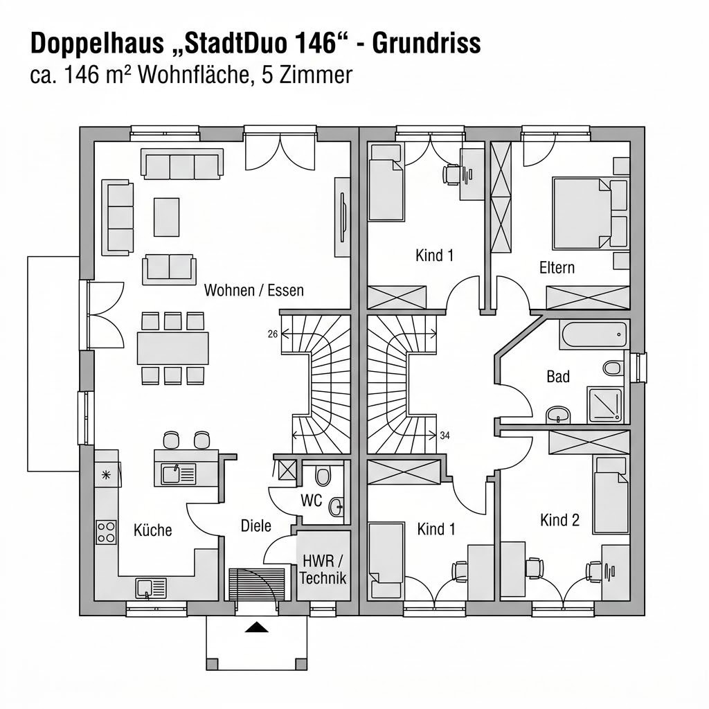 Grundriss Doppelhaus StadtDuo 146 von KAMPA — 146 m², 5 Zimmer