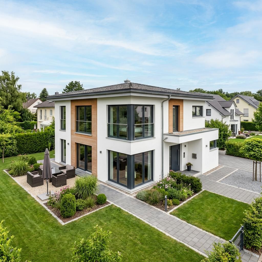 Kubushaus Klima 152 von KAMPA mit Flachdach — kubisches Fertighaus im Bauhausstil mit 152 m²