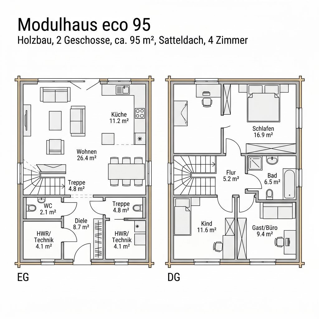 Grundriss Modulhaus eco 95 von KAMPA — 95 m², 4 Zimmer