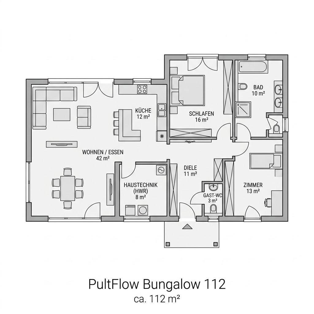 Grundriss PultFlow Bungalow 112 von KAMPA — 112 m², 4 Zimmer