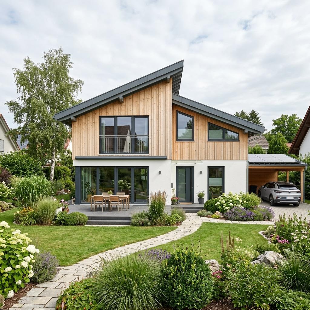 Pultdachhaus PultKlima 168 von KAMPA mit versetztem Dach und Energieplus-Solaranlage