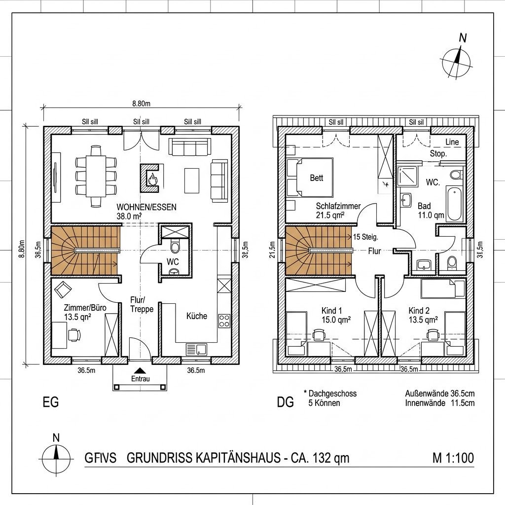 Grundriss Kapitänshaus Borkum 132 von Nordic Haus — 132 m², 5 Zimmer
