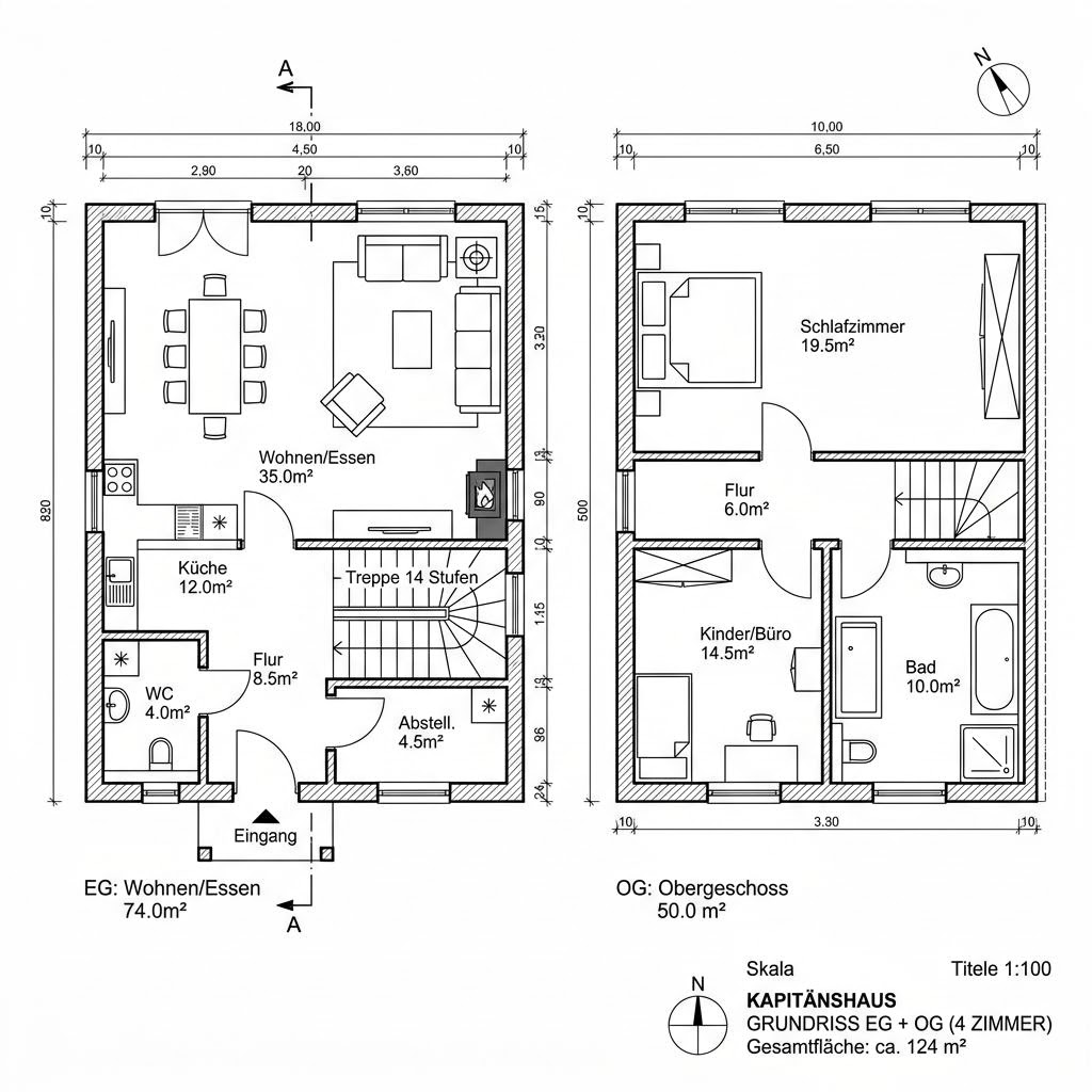 Grundriss Kapitänshaus Langeoog 124 von Nordic Haus — 124 m², 4 Zimmer