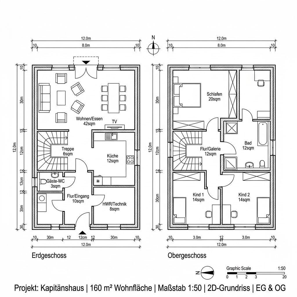 Grundriss Kapitänshaus Rügen 160 von Nordic Haus — 160 m², 6 Zimmer