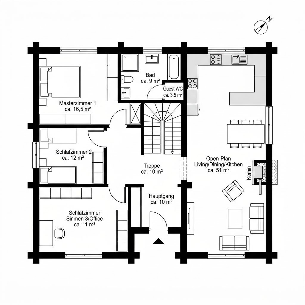 Grundriss Natur 124 – 124 m² Blockhaus mit 4 Zimmern