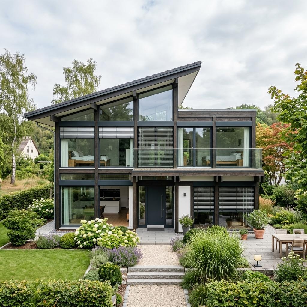 Fachwerkhaus Atrium 152 von KD-Haus aus Holz und Glas mit Pultdach und Innenhof