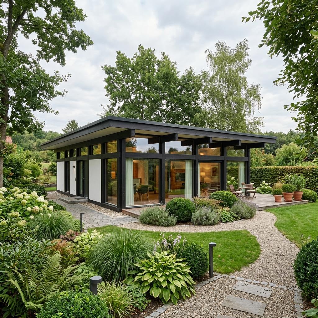 Fachwerkhaus Pavillon 116 von KD-Haus aus Holz und Glas mit Flachdach ebenerdig