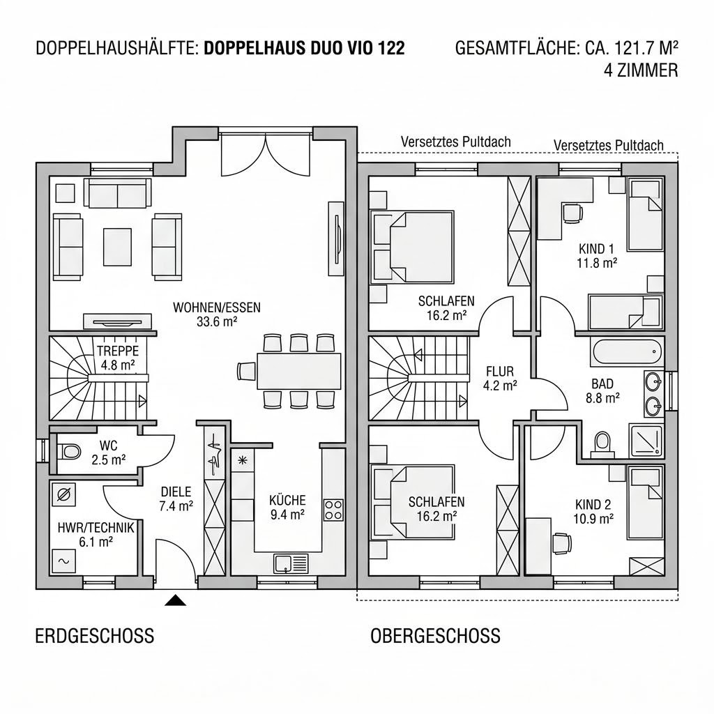 Grundriss Doppelhaus Duo Vio 122 von Kern-Haus — 122 m², 4 Zimmer