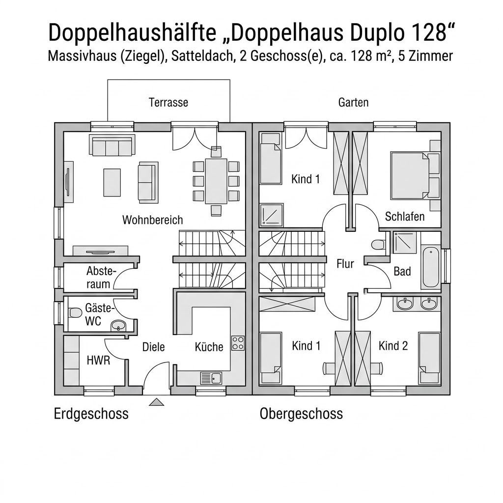 Grundriss Doppelhaus Duplo 128 von Kern-Haus — 128 m², 5 Zimmer