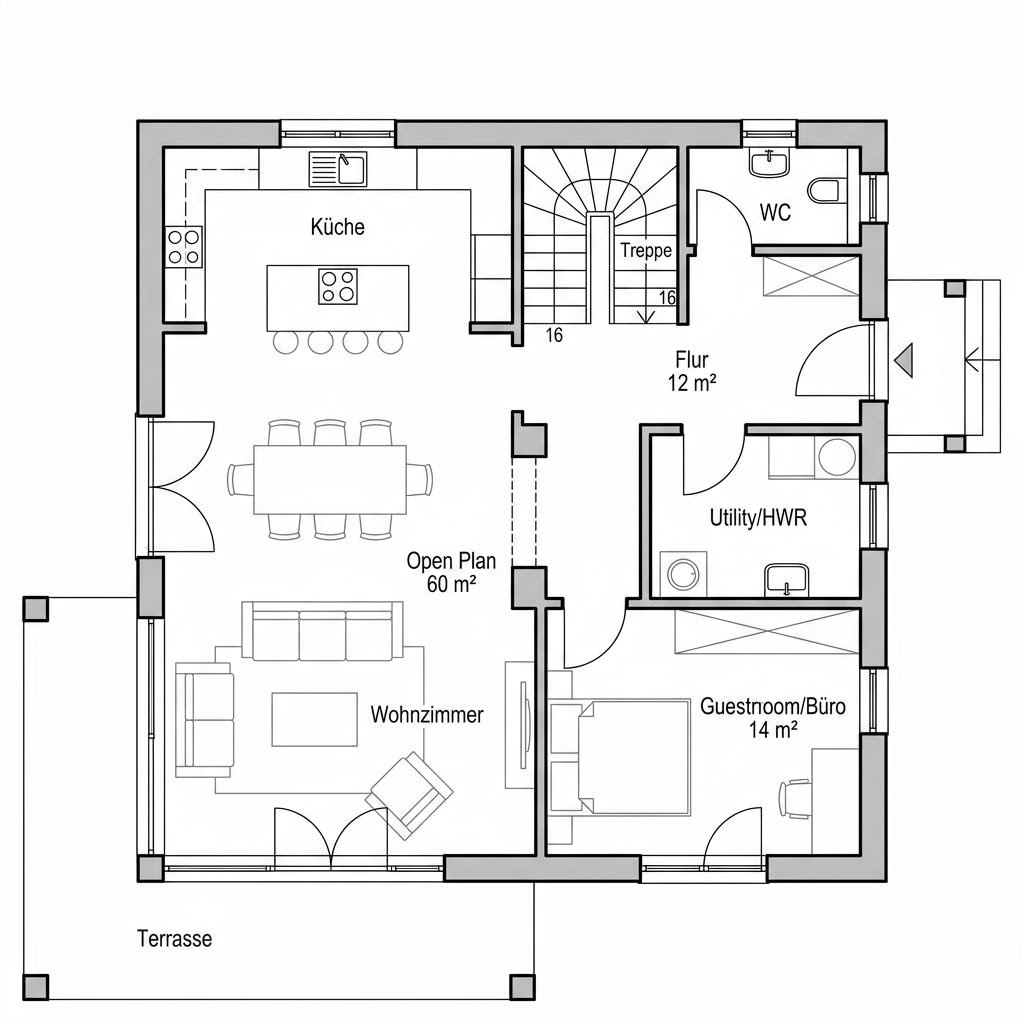 Grundriss Family Line 140 – 140 m² Einfamilienhaus mit 5 Zimmern