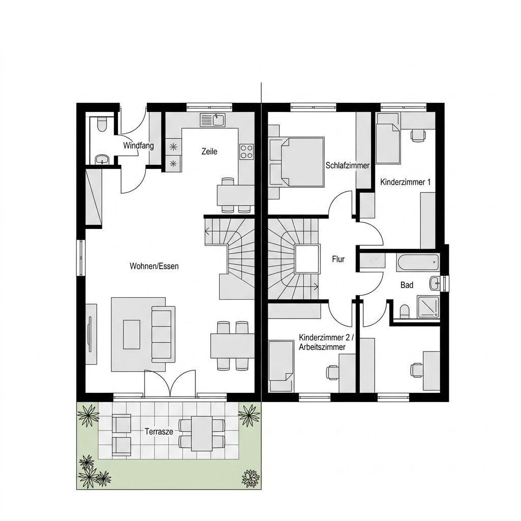 Grundriss Reihenmittelhaus Vero R130 – 130 m² Reihenhaus mit 5 Zimmern
