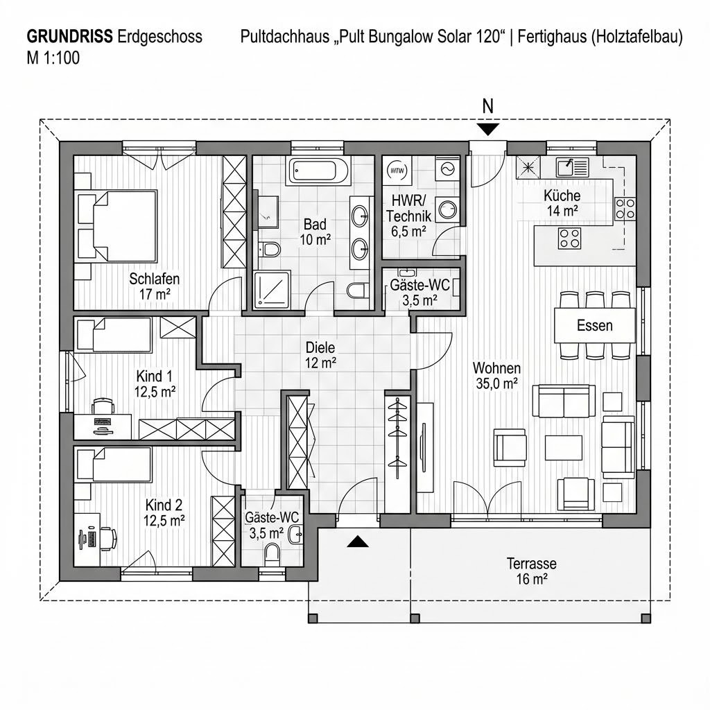 Grundriss Pult Bungalow Solar 120 von Kitzlinger Haus — 120 m², 4 Zimmer